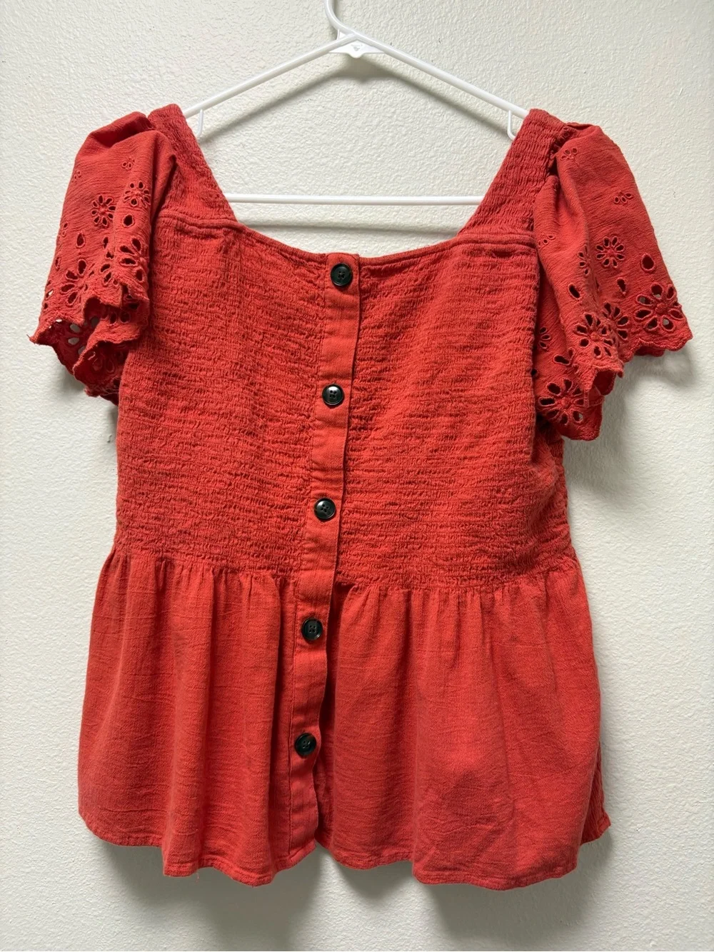 Madewell Women’s M Red Eyelet Square Neck Puff Sleeve Button Front Top Smock